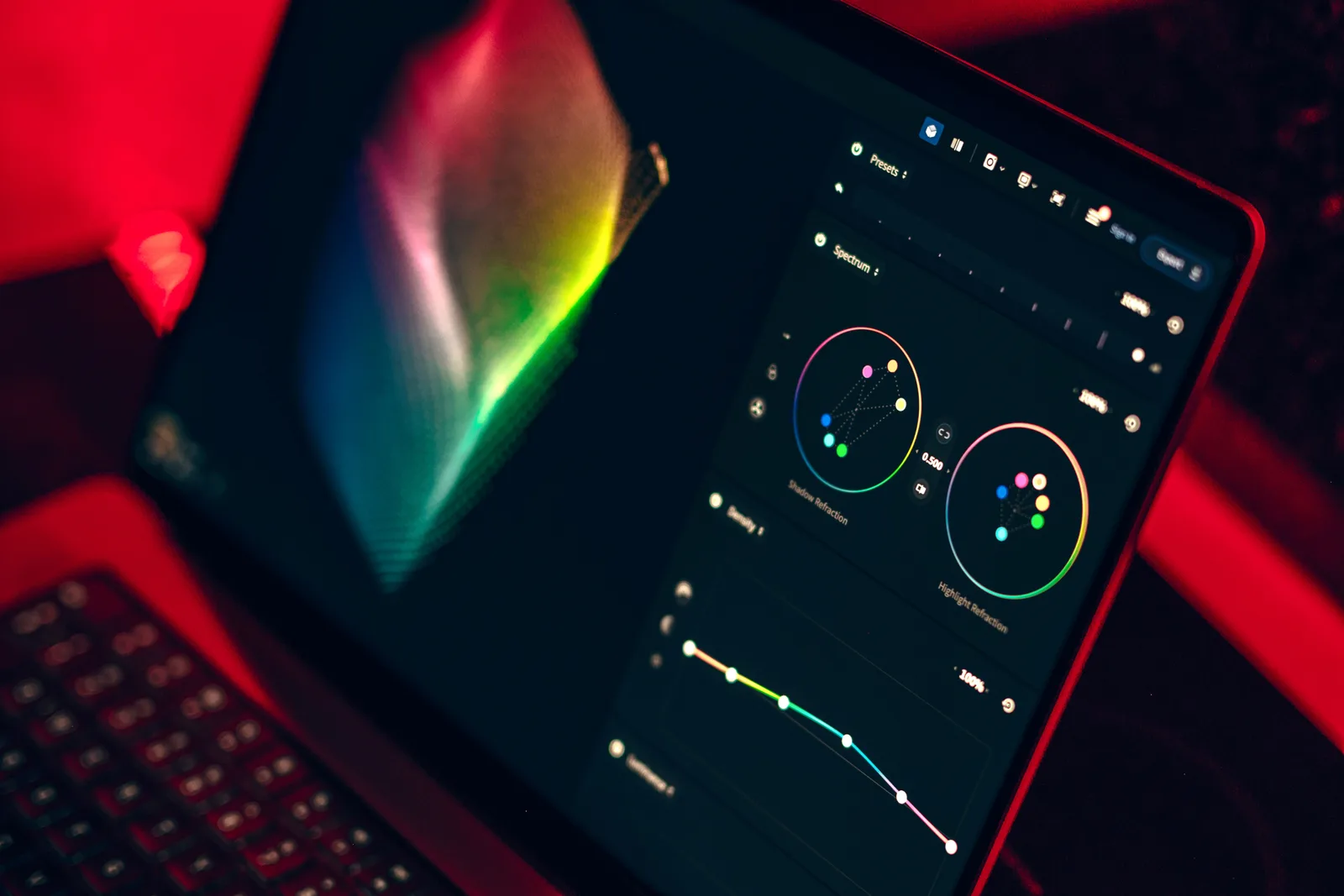A laptop screen showing an image being colour graded