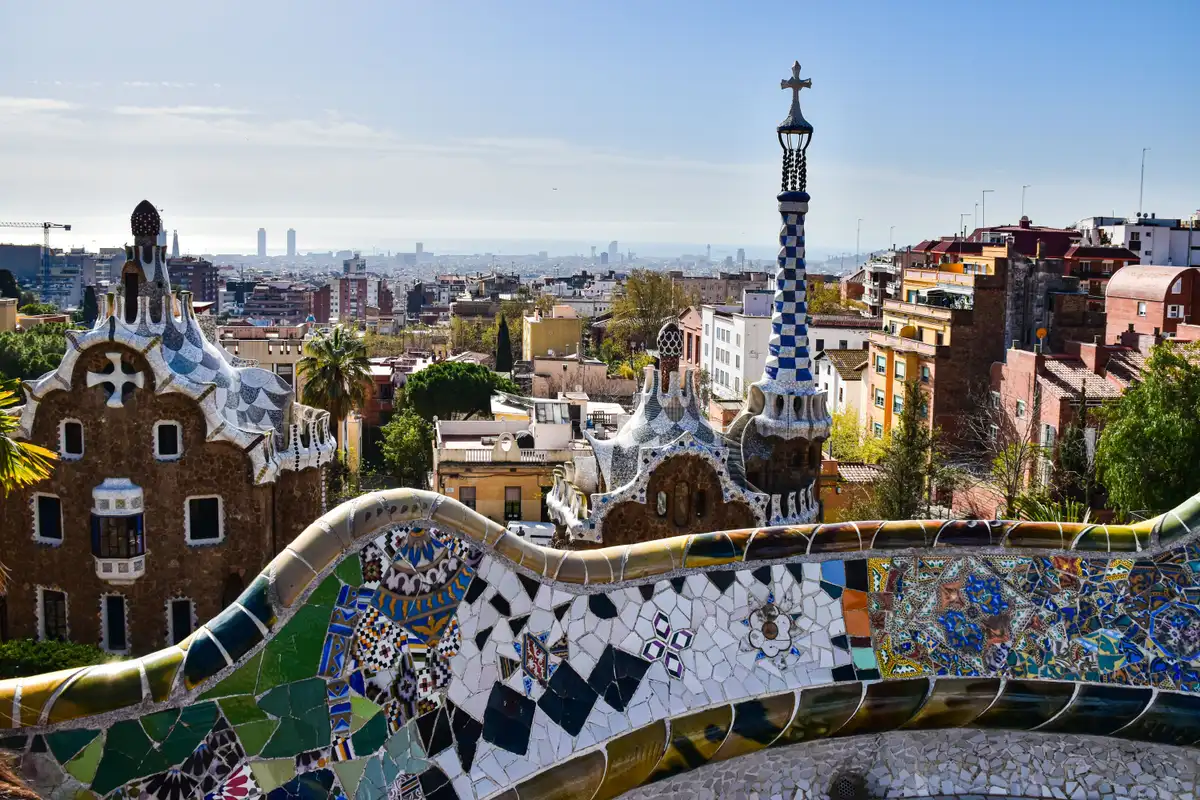 Mosaic tilework and curving benches in a Barcelona park