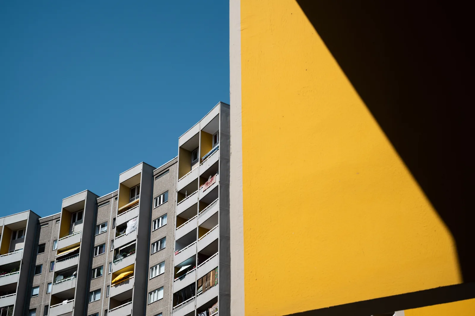Repeating concrete balconies on a Berlin apartment block