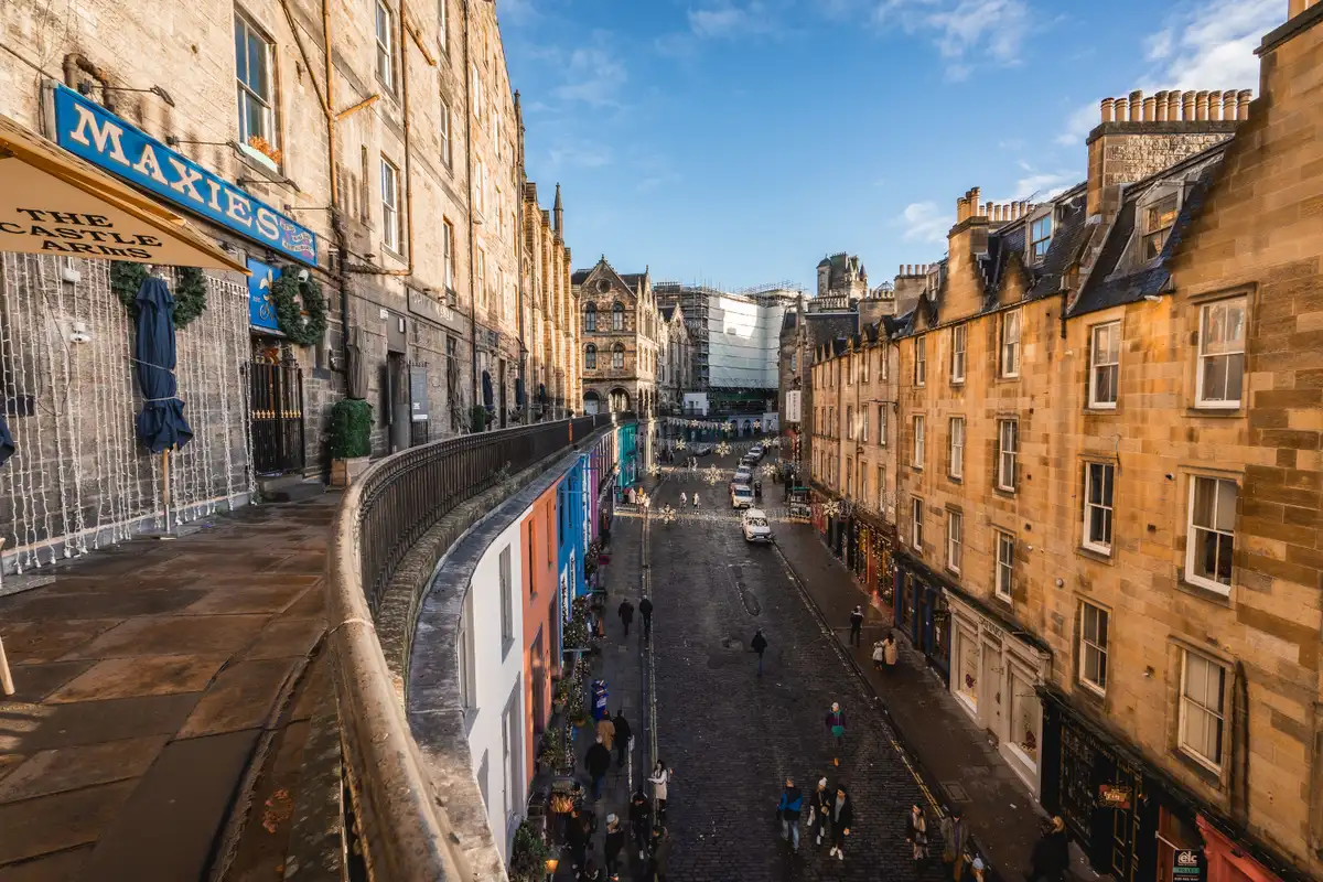 The curved row of coloured shopfronts on Victoria Street