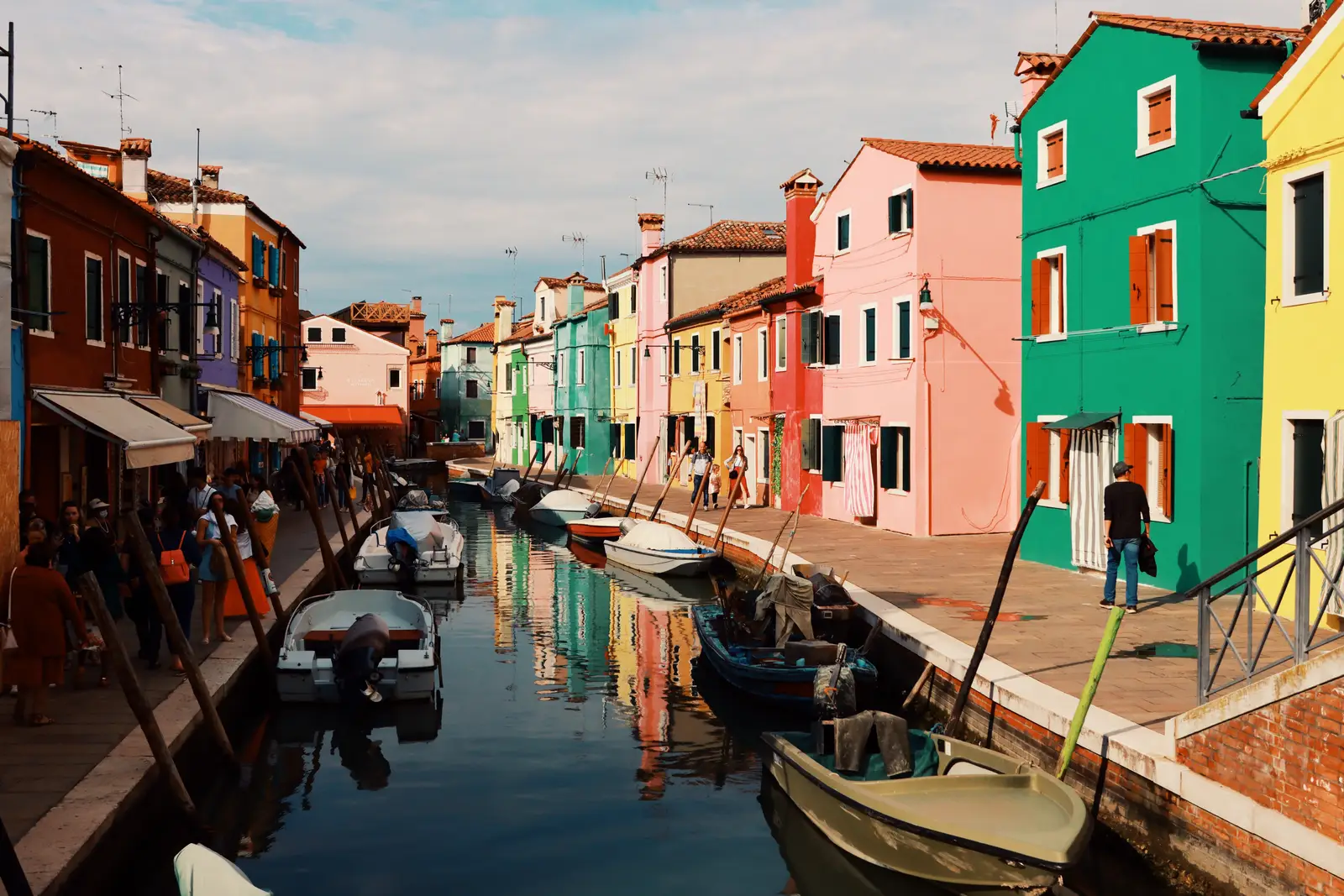 Brightly painted houses along a canal on Burano