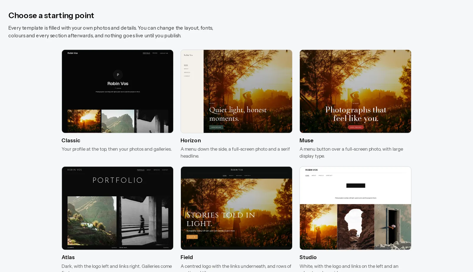 Every template, filled with your own work. Pick one and it becomes yours to change. The Choose a starting point screen in the Xposure site builder, showing six of the eleven templates, each one rendered with the photographer's own photographs and name