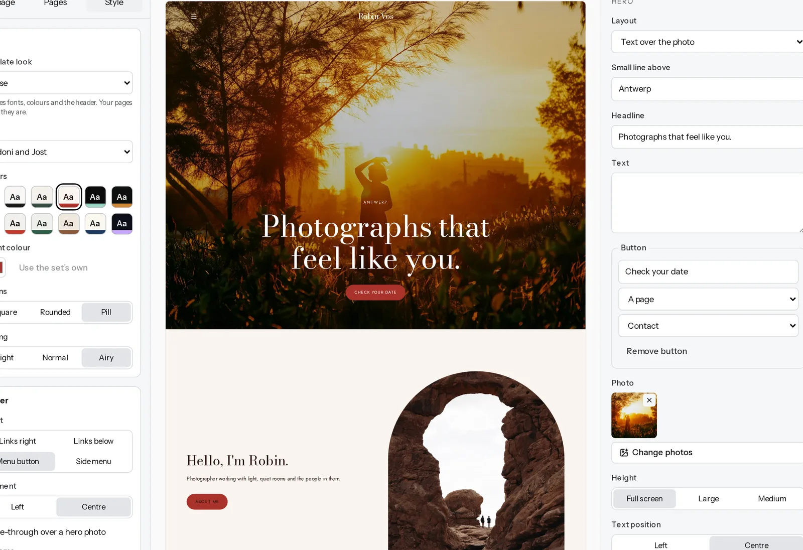 Every control on the left changes the page on the right as you press it. The Style panel in the Xposure site builder, with the template look, a font pairing dropdown, twelve colour chips, an accent colour picker, and button and spacing controls, beside the live preview
