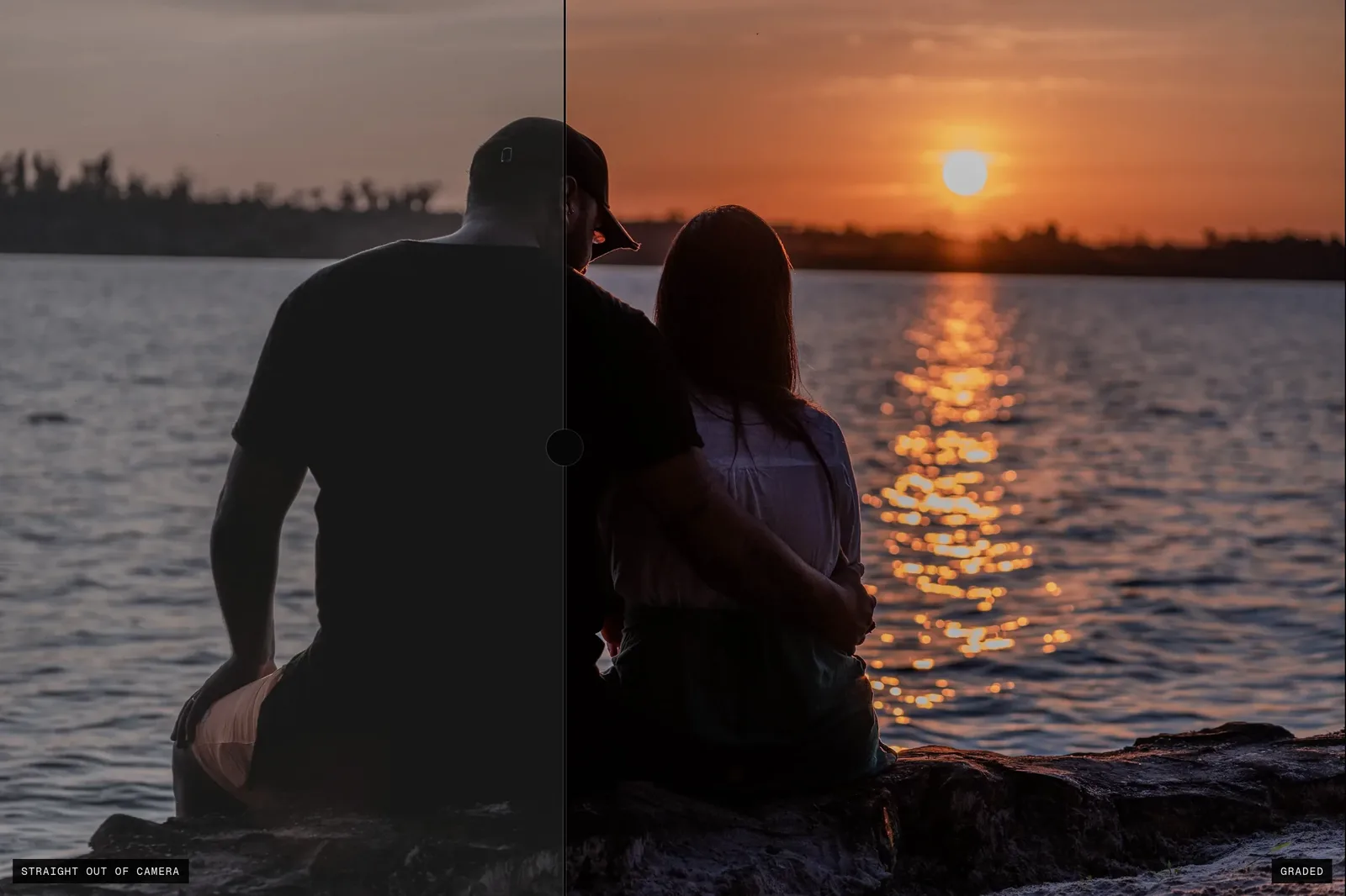 Drag it, swipe it, or nudge it with the arrow keys. A before and after block in a client gallery, with a draggable split between an ungraded frame and the graded version, labelled Straight out of camera and Graded