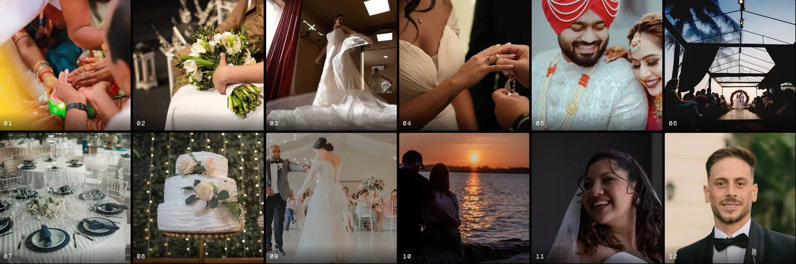 Frame numbers are optional, and they are what let a client say 14, 27 and 31. A contact sheet block: twelve wedding photographs in a uniform six across grid, each cell numbered 01 to 12