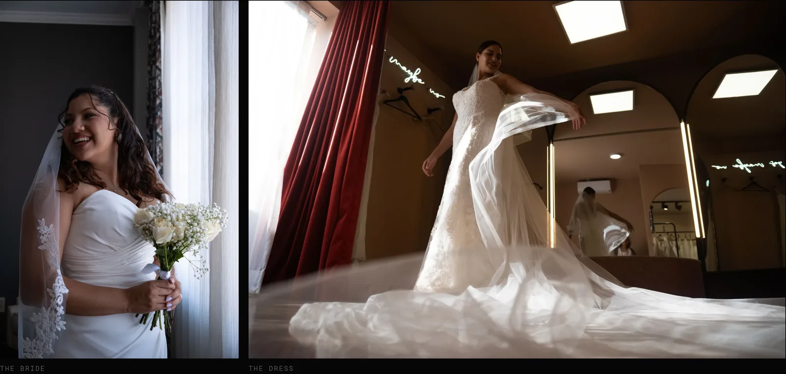 The portrait is narrower and the landscape is wider. Neither is cropped to match the other. A two-up block pairing a portrait of a bride with a landscape frame of the dress, both rendered at the same height with captions underneath