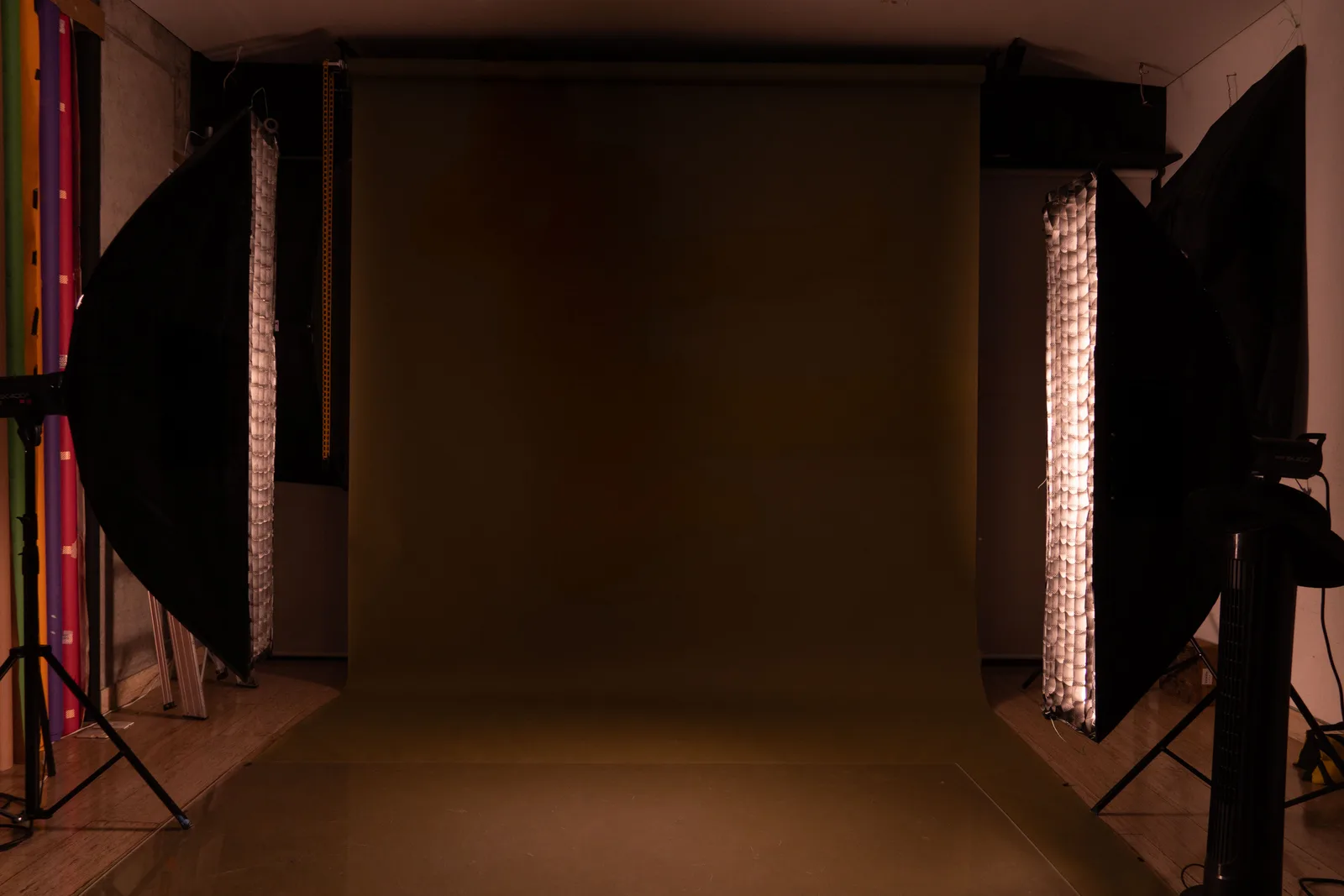 A paper backdrop lit from both sides by tall strip softboxes