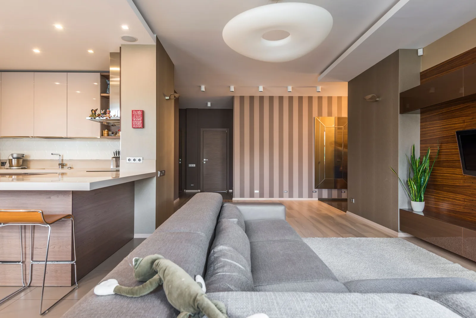 A bright living room photographed straight on for a listing