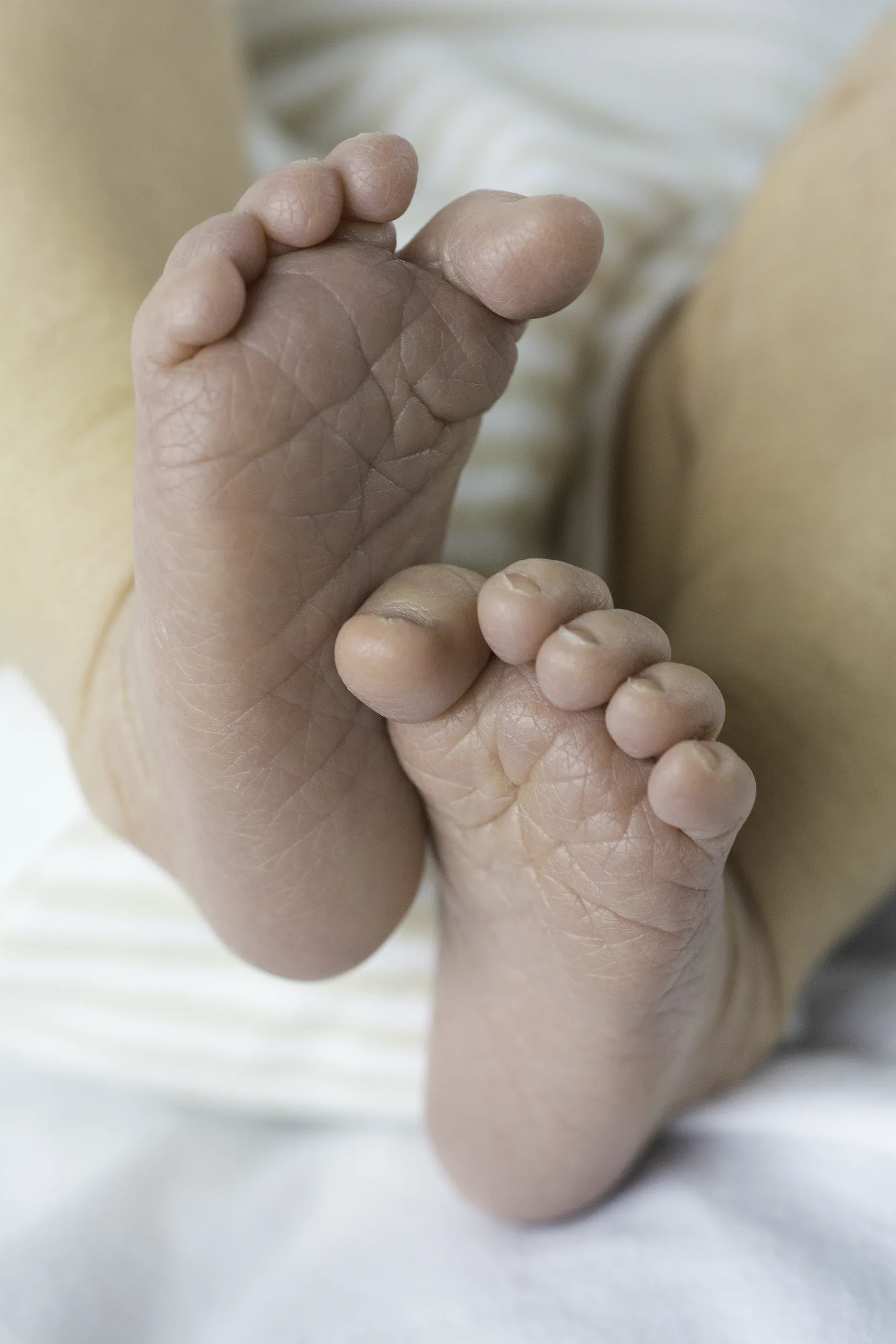 Close-up of a newborn’s wrinkled soles on a striped blanket